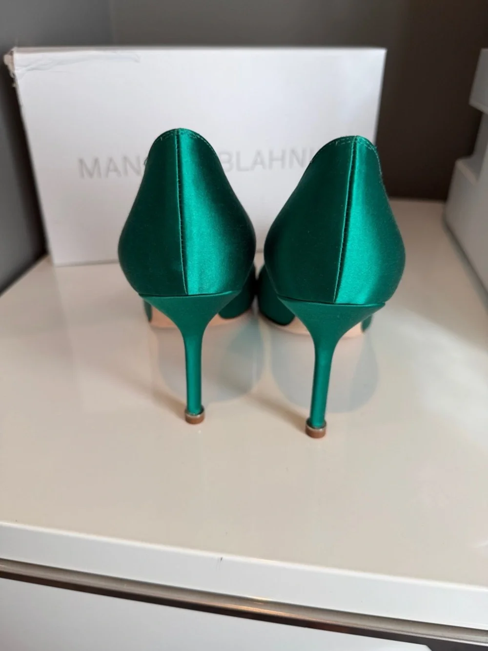 Manolo Blahnik Emerald Green Satin Crystal-Buckle Pumps - Picture 3 of 5